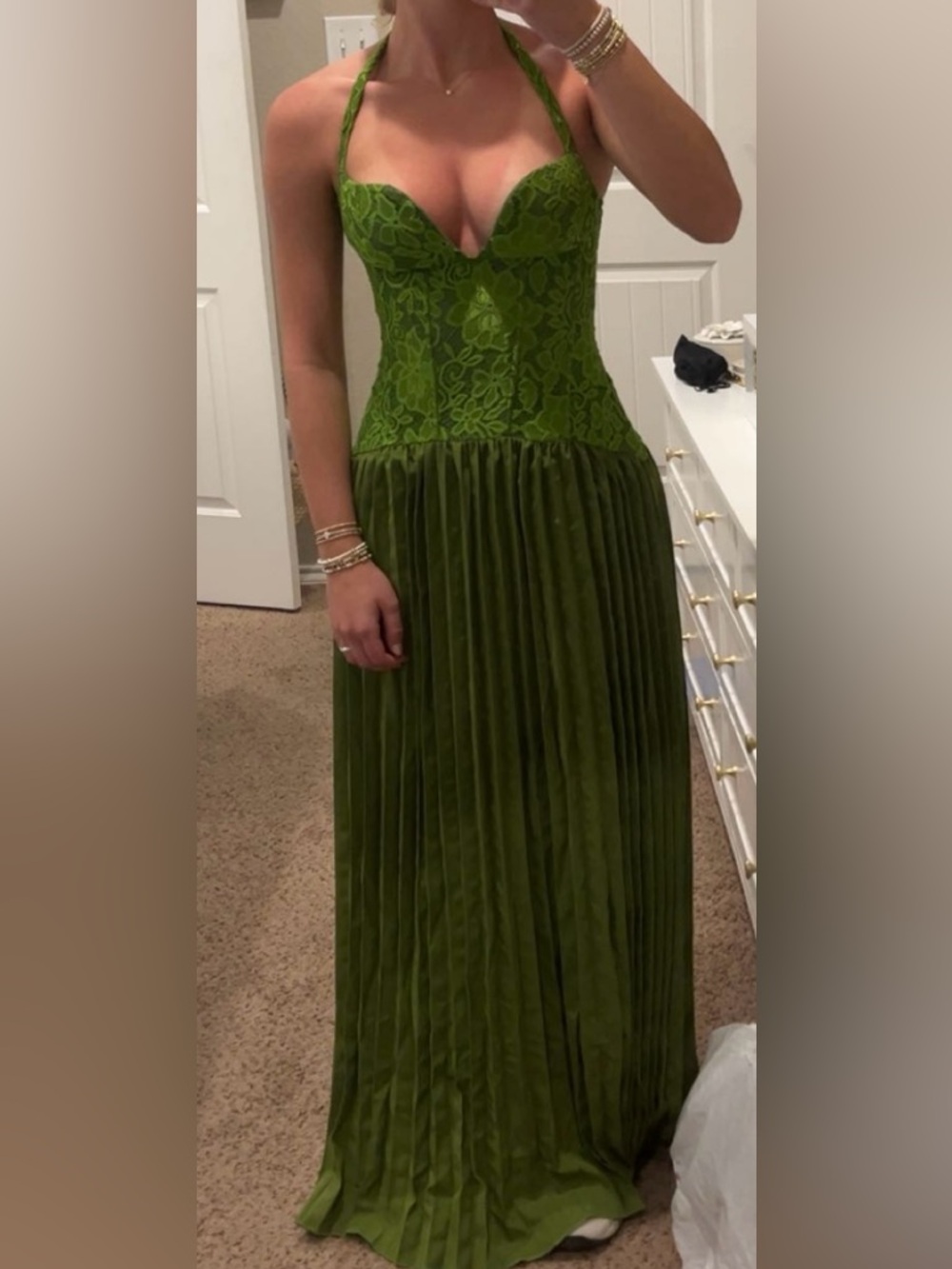 Green Lace & Pleated Maxi Dress